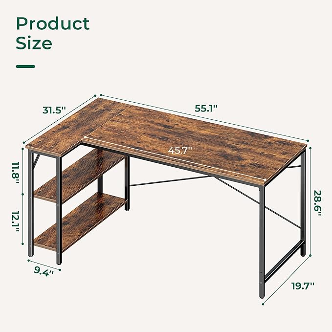 Huuger L Shaped Desk, 55 Inches Computer Desk with Reversible Storage Shelves, for Gaming Corner Home Office Writing Study, Metal Frame, Rustic Brown-NeatNest