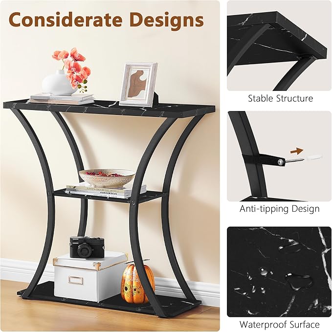 Hoctieon 3 Tier Console Table with Open Wood Shelves, Decorative Entryway Table with Curved Metal Frames, Narrow Sofa Table for Entrance, Living Room, Hallway, Black Marbled-NeatNest