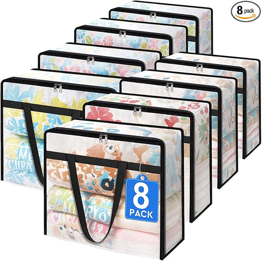 8 Pack Clear Storage Bags for Comforter, Clothes & Bedding, Plastic Blanket Storage with Zipper and Handle, Moving Bags, Closet Organizer and Under-Bed Storage (60L)-NeatNest