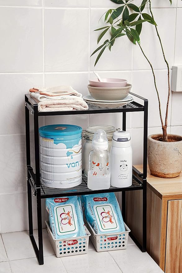 2pk Kitchen Cabinet Shelf Counter Organizer Rack Pantry Storage Bathroom Bedroom Office Table Desk Space Saving Steel Frame Stackable Rust Resistant Non Slip Black-Tall-L13in W8.3in H9.5in-NeatNest