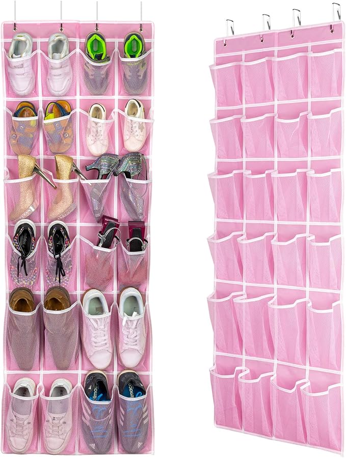 Hanging Shoe Organizer 2Pack, Over The Door Shoe Rack with 24 Mesh Pockets - Pink (2pack), Size: 58x21 Inch-NeatNest