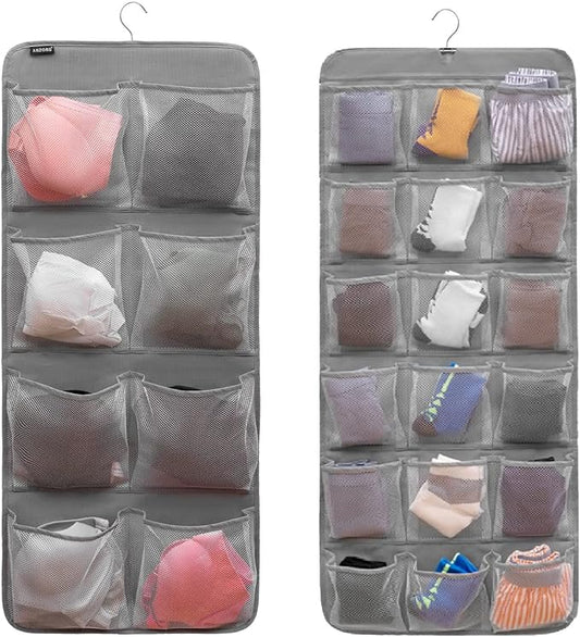 Dual-Sided Hanging Closet Organizer for Socks Underwear Bra Kids Storage Organizer for Baby Clothes Toddler Shoes with 26 Pockets (Grey-Mesh Pockets)-NeatNest