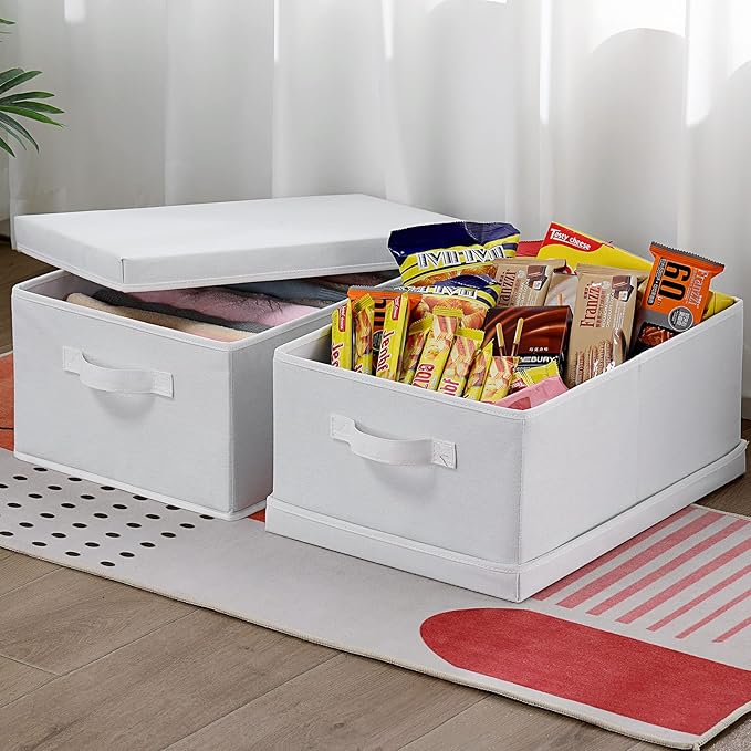 HOONEX Storage Bins with Lids for Organizing, Pack of 2, Storage Boxes with 2 Carrying Handles and Sturdy Heavy Cardboard, 16.5" L x 11.8" W x 7.5" H for Shoes, Books, Clothes, Nursery, White-NeatNest