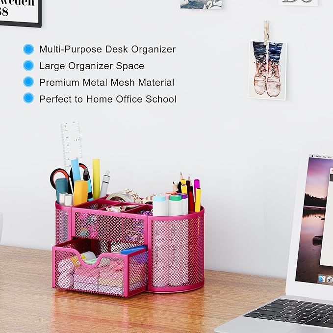 EasyPAG Mesh Desk Organizer, Multi-functional Stationery Organizer for School Supplies, Office Pen Holder for Desk, 9 Compartments Dorm Organization with Drawer, Pink