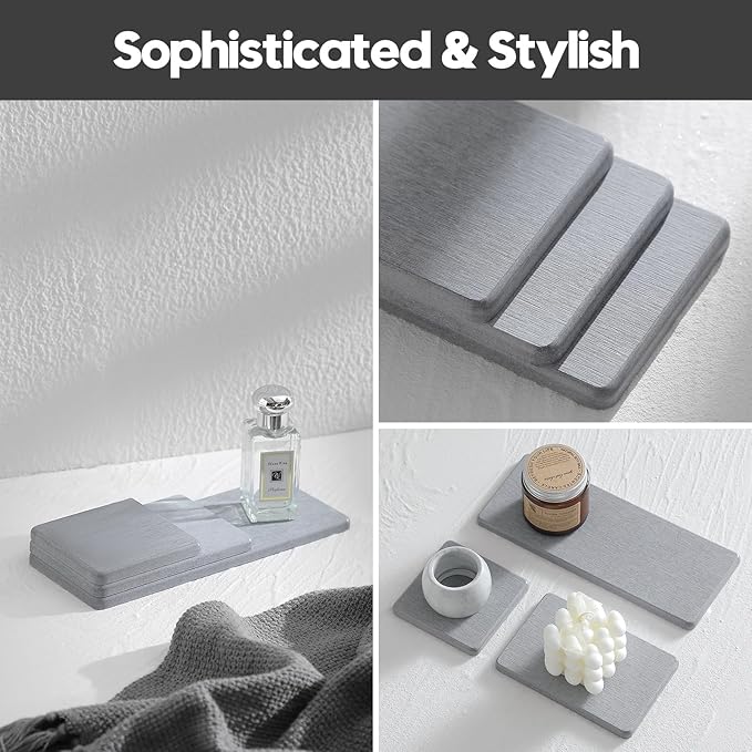 3PCS Bathroom Sink Vanity Trays, Quick Stone Drying Mat Dish Soap Dispenser Sponge Holder for Kitchen Counter, Diatomaceous Earth Water Absorbing Caddy Organizer, Light Grey-NeatNest