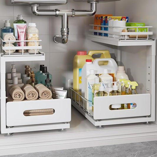 2 Pack Under Sink Organizer with Smooth Ball Bearing Slides, 2-Tier Pull Out Cabinet Storage, Slide Out Drawers for Bathroom and Kitchen, Under Sink Shelf, Rust-resistant Coating, Height Adjustable-NeatNest