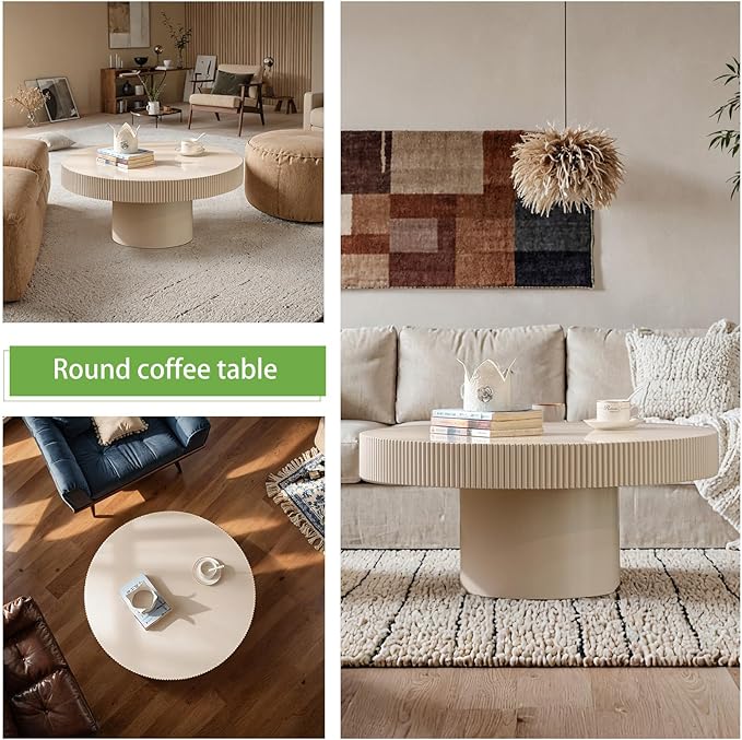 Handmade Round Grooved Drum-Shaped Coffee Table、Rustic Modern Circular Centerpiece for Living Room & Farmhouse Decor、Easy to Clean (A White 30.7in)