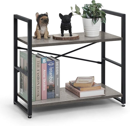 CAPHAUS 2 Tier Small Bookshelf, 24 Inch Width Free Standing Shelf, Bookcase Shelf Storage Organizer, Industrial Book Shelves for Home Office, Living Room, Dark Grey Shelves & Metal Frame-NeatNest