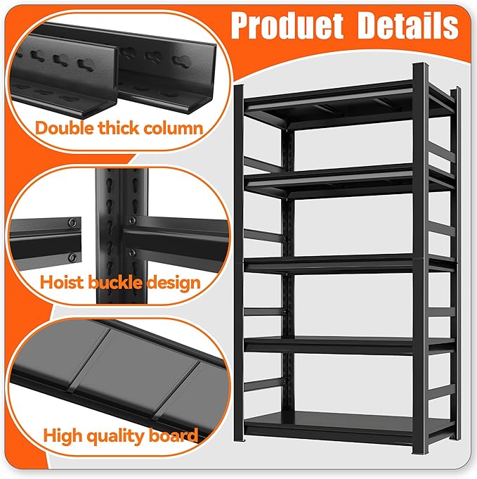 Book Shelf 5 Tier Metal Wide Bookshelves Tall Bookshelf Industrial Bookcase Adjustable Book Shelves For Bedroom/Living Room/Library,Book Shelf Organizer Black (With fence-72"H*15.8"D*35.4"W)-NeatNest