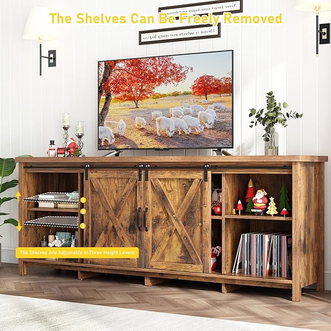 70" Farmhouse TV Stands for 70 75 80inch TV w/Adjustable Shelves,Sliding Barn Door.Wooden Entertainment Center,TV Console Cabinet with Storage for Bedroom Living Room(Brown 70in)-NeatNest