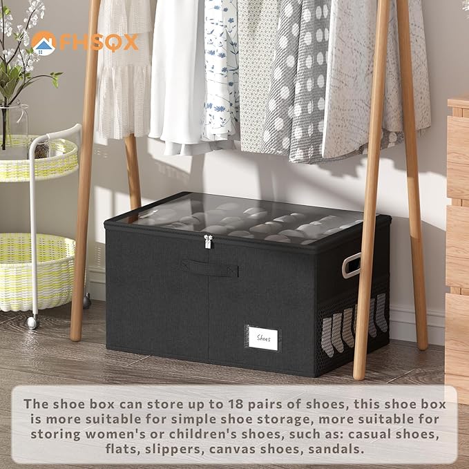 2 Pack Shoe Organizer for Closet Large Shoe Box Storage Containers with Clear Window Space Saving Shoe Bin with Foldable Bottom Support Adjustable Dividers Fits 32 Pairs (Black, (24.4*16.5*13inch)x2)-NeatNest