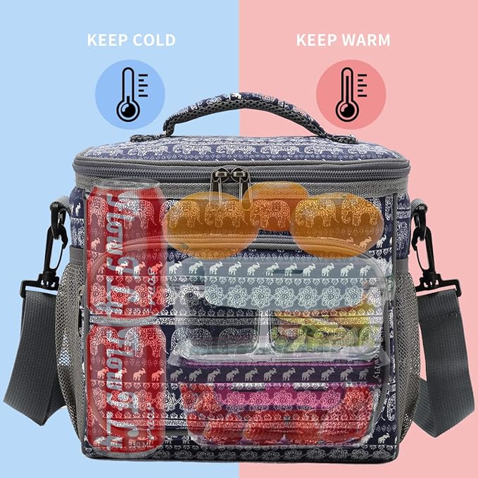 FlowFly Insulated Reusable Lunch Bag Adult Large Lunch Box for Women and Men with Adjustable Shoulder Strap,Front Zipper Pocket and Dual Large Mesh Side Pockets,Elephant-NeatNest