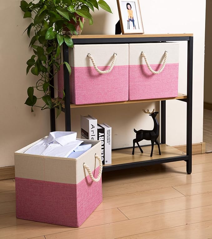 PRANDOM Large Foldable Cube Storage Bins 11x11 inch [4-Pack] Fabric Linen Storage Baskets Cubes Drawer with Cotton Handles Organizer for Shelves Nursery Closet Bedroom Pink-NeatNest