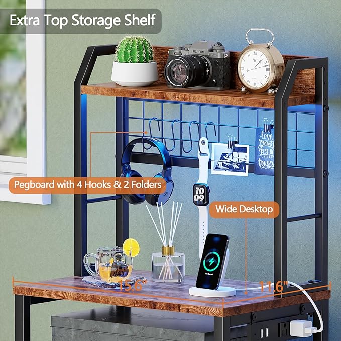 Furologee 44'' Tall Nightstand with Charging Station, Bedside Table with LED Lights, End Table with 3 Drawers and Storage Shelves, Night Stand with Pegboard for Bedroom, Rustic Brown