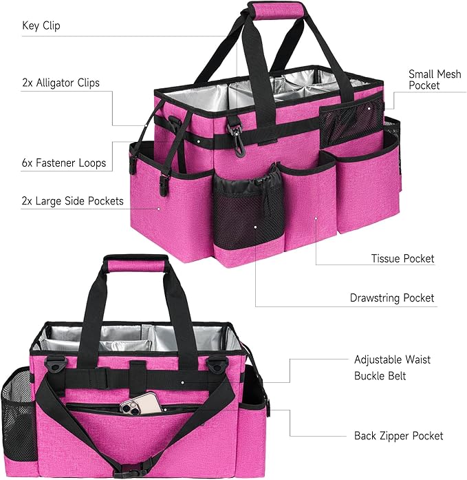 Cleaning Caddy Bag, Large Cleaning Supplies Organizer for Housekeepers, Housekeeping Caddy with Handle and Detachable Padded Cushion, Pink-NeatNest