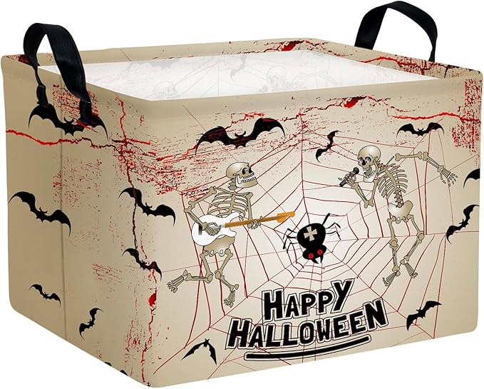 Halloween Basket Gift Terror Ghost Parties Decor Kid Trick or Treat Basket for Boys and Girls Rectangular Storage Bin Box (Skeleton Bat)-NeatNest