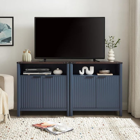 32 Inch Fluted Sideboard Buffet Cabinet with Storage, Modern Farmhouse Accent Credenza with Adjustable Shelves, Coffee Wine Bar Organizer for Kitchen, Living Room (Navy Blue, Set of 2)