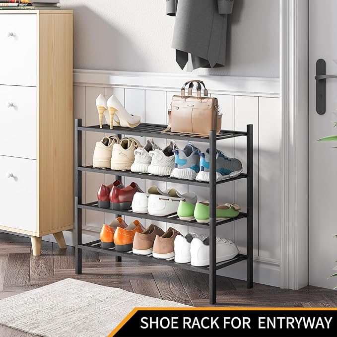 4-Tier Bamboo Shoe Rack for Entryway, Stackable | Heavy Duty | Multi-Function, Free Standing Shoe Racks for Bedroom Hallway Closet（Black）-NeatNest