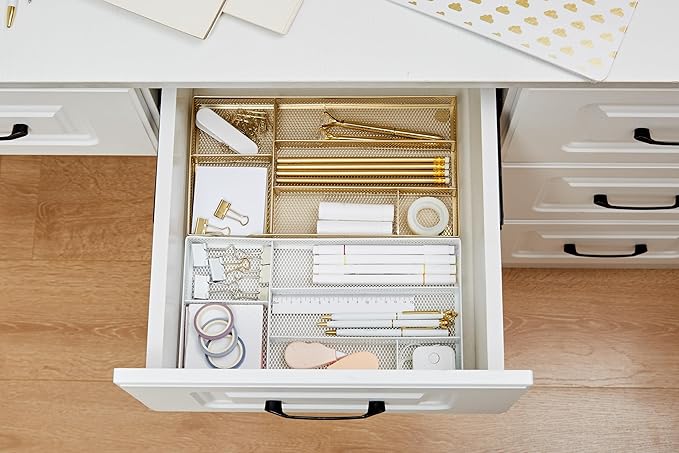 Annova Desk Drawer Organizer Tray for Office Organization - Metal Mesh - Storage Tray with Dividers for Pens, Desktop Accessories, Bathroom, Kitchen, Makeup and Office Supplies (Small, White)-NeatNest