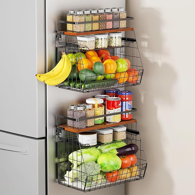 Delamu Magnetic Shelf for Fridge with Wood Lid, 3 Tier Pull Out Fruit Potato and Onion Storage Bins, Magnetic Spice Rack Organizer for Refrigerator, Cabinet, Kitchen Counter, Laundry (1 Pack)-NeatNest
