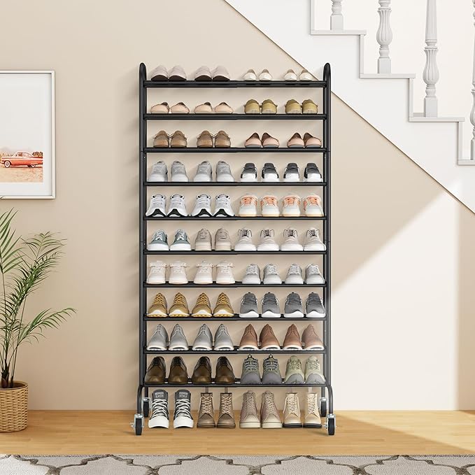 STORAGE MANIAC Expandable Shoe Rack, 44 Pairs Stackable Small Shoe Rack, Metal Adjustable Shoes Organizer for Closet, Entryway, Hallway, Garage, Front Door, Shoes Shelves, Black 10 Tier-NeatNest