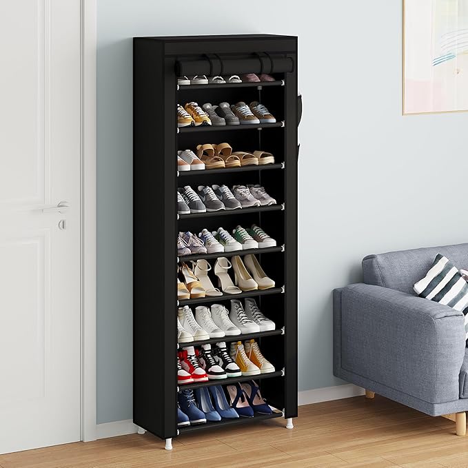 Calmootey 9 Tier Shoe Rack Organizer,Portable Shoe Shelf with Nonwoven Fabric Cover for Closet Hallway,Bedroom,Entryway,Black-NeatNest