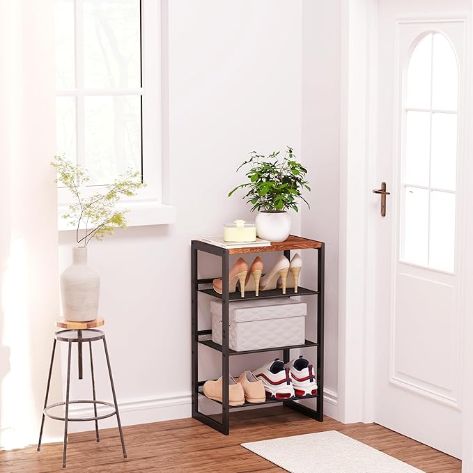Narrow 4-Tier Shoe Rack, Slim Space-Saving Shelf with Decorative Wood Top & Steel Mesh, Entryway/Closet/Dorm Organizer, 16.5x11.8x27.9 Inches-NeatNest