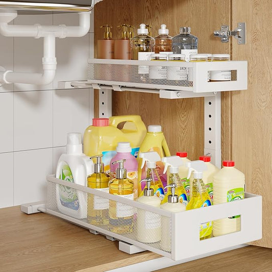 1 Pack 17IN Depth Under Sink Storage Organizer, Large 2-Tier Elegant Mesh Pull Out Shelf for Kitchen and Bathroom Cabinet Organization, L-Shaped and Adjustable Height Design-White-NeatNest