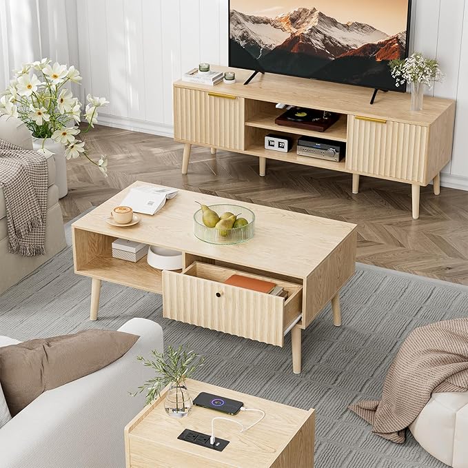 Coffee Table with Storage, Boho Dining Table with Fluted Drawer and Solid Wood Legs, Small Coffee Tables for Living Room, Oak-NeatNest