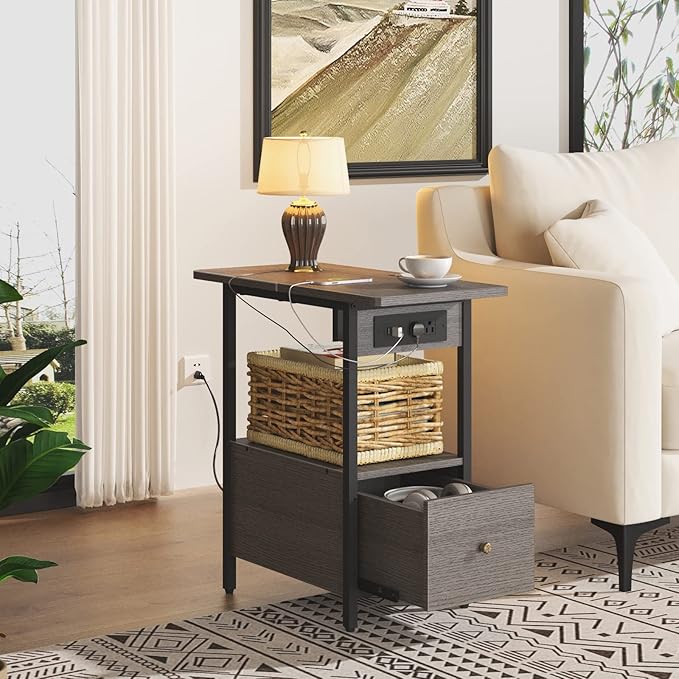 LIDYUK End Table with Charging Station, Narrow Side Table with Drawer and USB Ports & Power Outlets, Nightstand Bedside Tables for Small Spaces, Bedroom, Living Room, Dark Grey, Set of 2