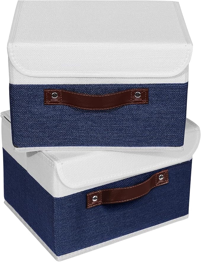 ANMINY 2PCS Storage Boxes with Lid Washable Decorative Storage Bin Basket with PU Leather Handle Foldable Linen Fabric Storage Cube Container for Home Closet Organizer - Deep Blue White, Small Size-NeatNest