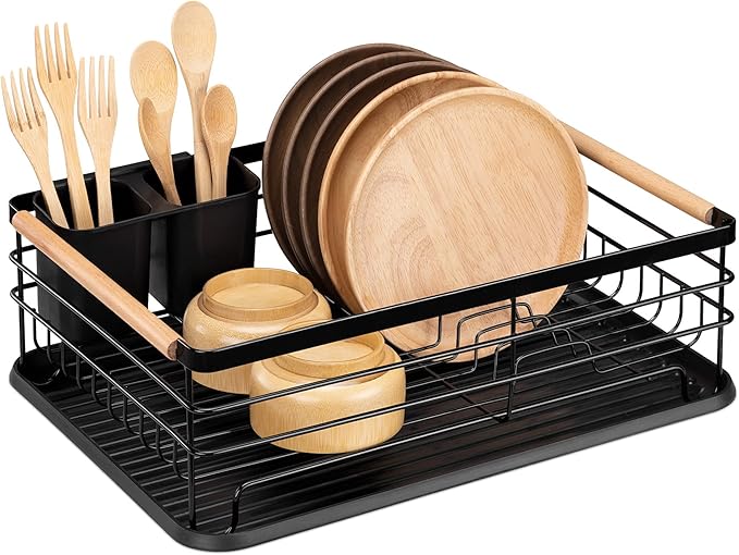 Navaris Dish Drainer Rack - Plate, Silverware, Pots and Pans Drying Rack for Kitchen with Beechwood Handles - Modern Retro Design Drip Tray - Black