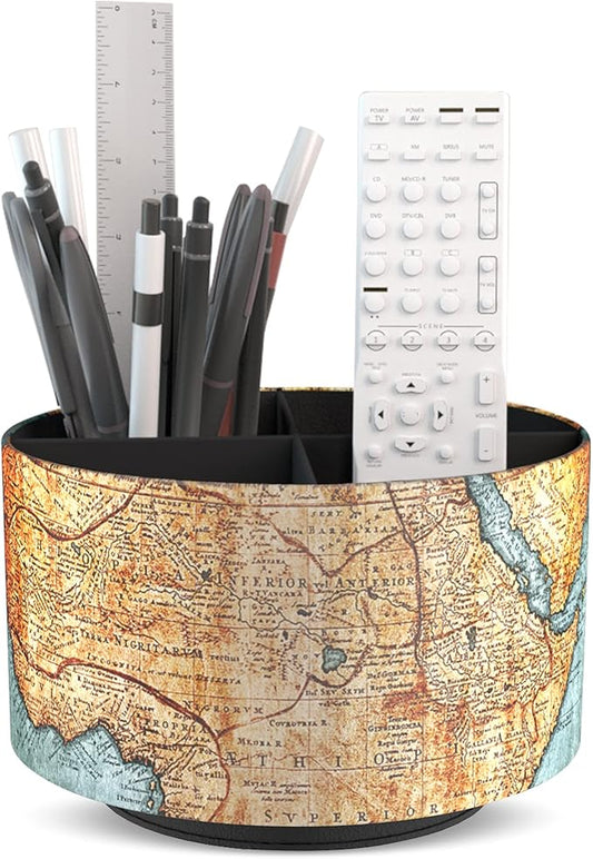 Hennaja Round Leather Art Supply Organizer,Remote Control Holder,360 Degree Rotating,Multi-Functional Pencil Holder,4 Compartments Desktop Stationary Organizer(1-Vintage Map)-NeatNest