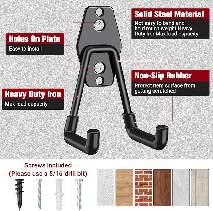 Garage Storage Utility Hooks, NinBase Heavy Duty Steel Wall Mount Hooks with Anti-Slip Coating, Wall Mount Storage Organizer for Hanging Power and Garden Tools, Ladders, Hose, Bikes, Ropes, Bulk Items-NeatNest