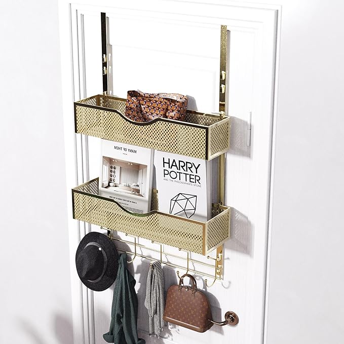 BRENNHOLZ Over The Door Hooks Organizer,Coat Rack with 10 Hooks and 2 Mesh Baskets,Back of Door Storage Organizer for Bathroom,Bedroom,Kitchen,Office(Golden)-NeatNest