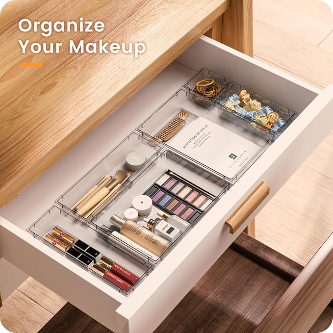 【Crystal Design】A-LUGEI Clear Drawer Organizer,【Military Grade】Acrylic Makeup Organizer, Bathroom Organizers and Storage, Organization and Storage, Organizer Bins for Office Vanity Kitchen Tool Trays-NeatNest