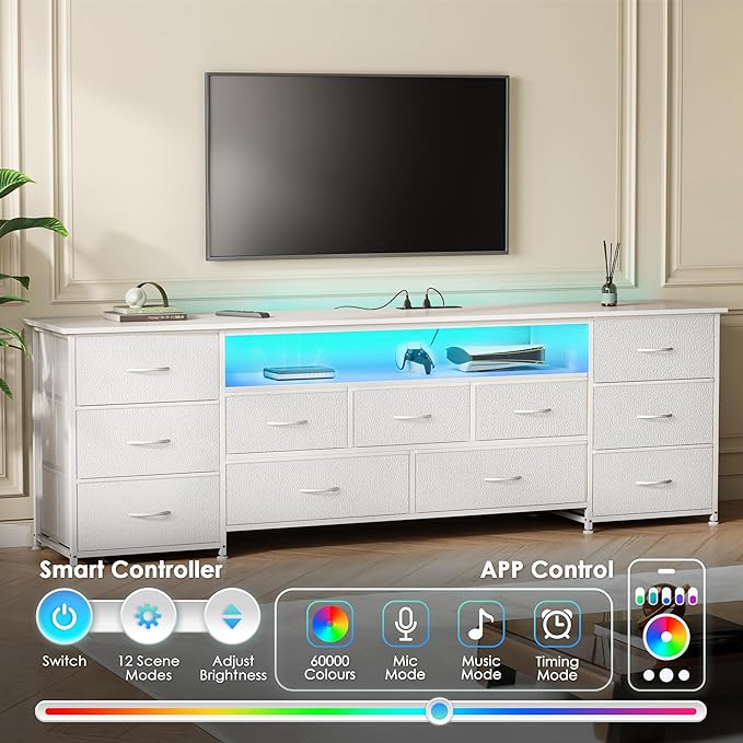 Huuger 70 Inch TV Stand for 75, 80 Inch TV, 11 Drawer Long Dresser with Power Outlets and LED Lights, Entertainment Center with Storage, White Dresser with PU Leather Surface