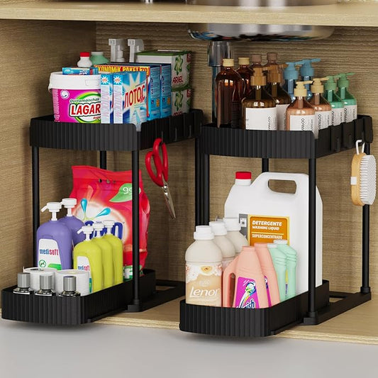 2 Pack Multi-Purpose Pull-Out Storage Organizers, Under Sink Organizers and Storage for Bathroom & Kitchen, Under Cabinet Organizers and storage, 14.8 Inch, Black-NeatNest