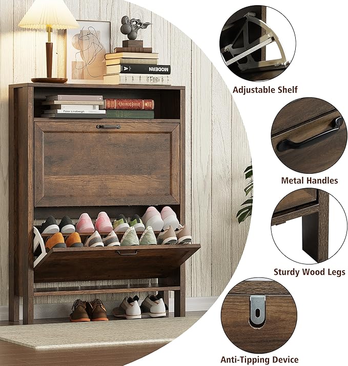 Shoe Storage Cabinet with 2 Flip Drawers, Wooden Shoe Rack with Metal Handle, Freestanding Hidden Shoe Storage Organizer with Open Shelf, Narrow Shoe Rack for Entryway, Hallway (Brown)