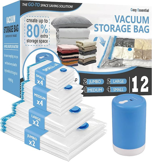 12 Pack Travel Vacuum Storage Bags with Portable Electric Pump, Vacuum Seal Space Saver Bags for Clothing, Vacuum Travel Bags for Luggage-NeatNest