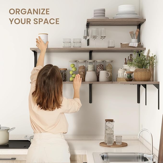 Fun Memories Floating Shelves for Wall, 12 Inch Deep Floating Shelves Set of 2, Wall Mounted Shelf with Metal Brackets, Rustic Wood Wide Shelf for Bathroom, Kitchen and Living Room, Grey, 36W x 12D-NeatNest