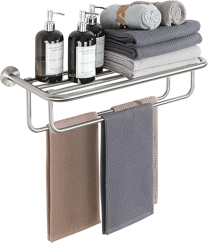 Alise Towel Rack for Bathroom,24 Inch Brushed Towel Holder for Lavatory,Towel Hanger with Double Towel Bars for Bath Wall,Wall Mount SUS304 Stainless Steel Towel Drying Storage Shelf,GYSJ9260-LS