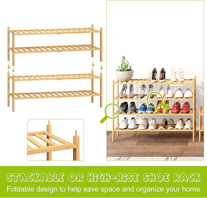 BMOSU 2-Tier Bamboo Extended Shoe Rack Premium Stackable Shoe Shelf Storage Organizer for Hallway Closet Living Room Entryway Organizer (Natural Bamboo)-NeatNest