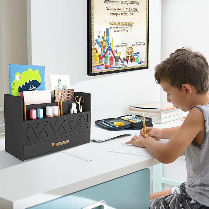 Bamboo Mail Organizer Countertop Wood Desk Organizer Drawer Tabletop Storage Box Letter Sorter Makeup Organizer for School Home Office Supplies Black-NeatNest
