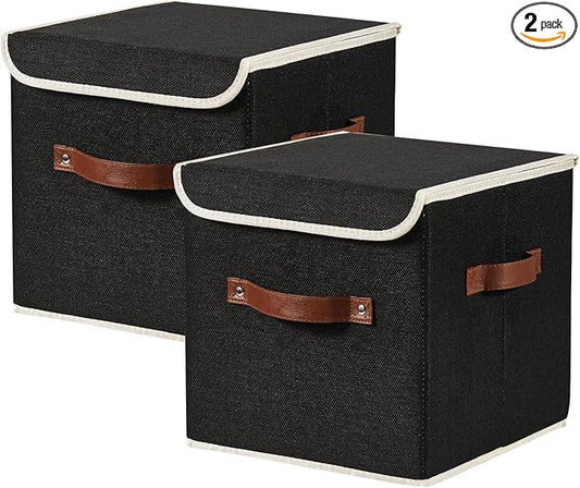 2PCS Storage Cubes with Lid Fabric Storage Bins Boxes PU Leather Handles Cotton Linen Closet Organizer Container Decorative Foldable Washable Shelf Cloth Basket (Flip-top Lid, Black, 11in)-NeatNest