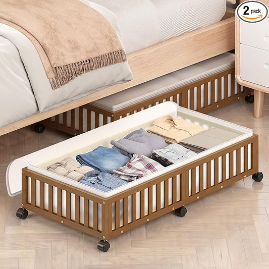 Bamboo Under Bed Storage Containers with Wheels, 2 Pack Large Under the Bed Shoe Storage Bins, Wood Rolling Underbed Drawers Organizer for Bedroom Closet Clothes Blanket Under Crib Toy Walunt-NeatNest