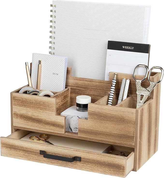 BLU MONACO Natural Wooden Office Supplies Desk Organizer with Drawer - Accessories for Women - Desktop Organization - Organization for Desk - Home Office Supplies Organizer-NeatNest