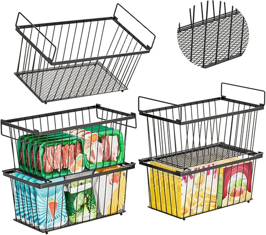 5 Pack Stackable Deep Freezer Organizer Bins ，Upgraded Bottom Leak-Proof net，Encryption and Hardening ， Freezer Organizer Bins for 7 Cu.FT Small Chest Freezer， Easy Get Bottom Foods