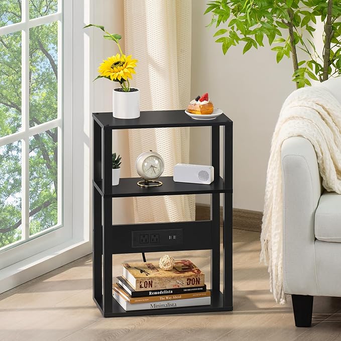 3-Tier Small Narrow Wood Side Table Set of 2 with Charging Station - Skinny Nightstand for Small Spaces, Slim Bedside Table with USB Ports and Outlets - Thin End Table with Storage, Black