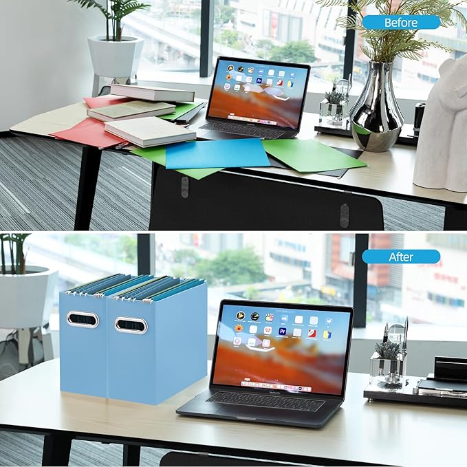 Oterri File Organizer, 6 Packs Small Storage Box, Cardboard File Folder Organizer, Collapsible File Box for Hanging File Folders Letter Size, Portable Filing Organizer with Handle (Blue)